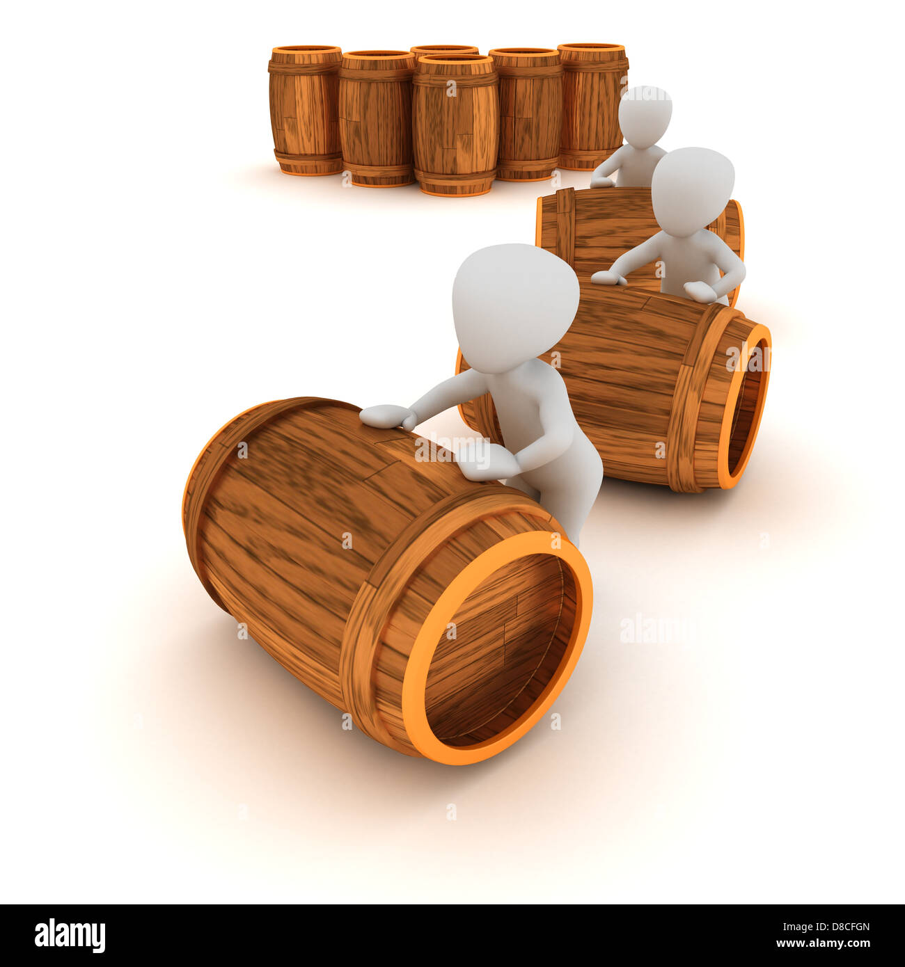 Personnages 3D trier les tonneaux de vin. Banque D'Images