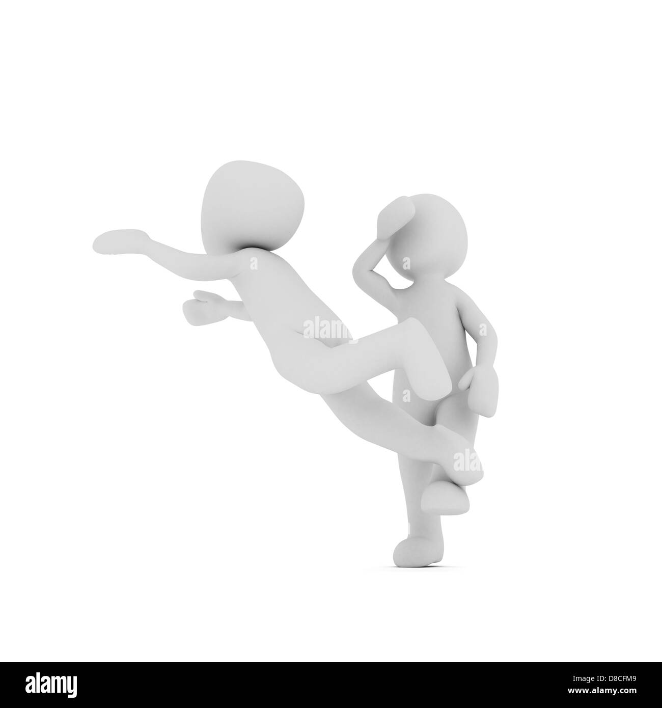 Un personnage 3D'achoppement sur le pied de l'autre. Banque D'Images