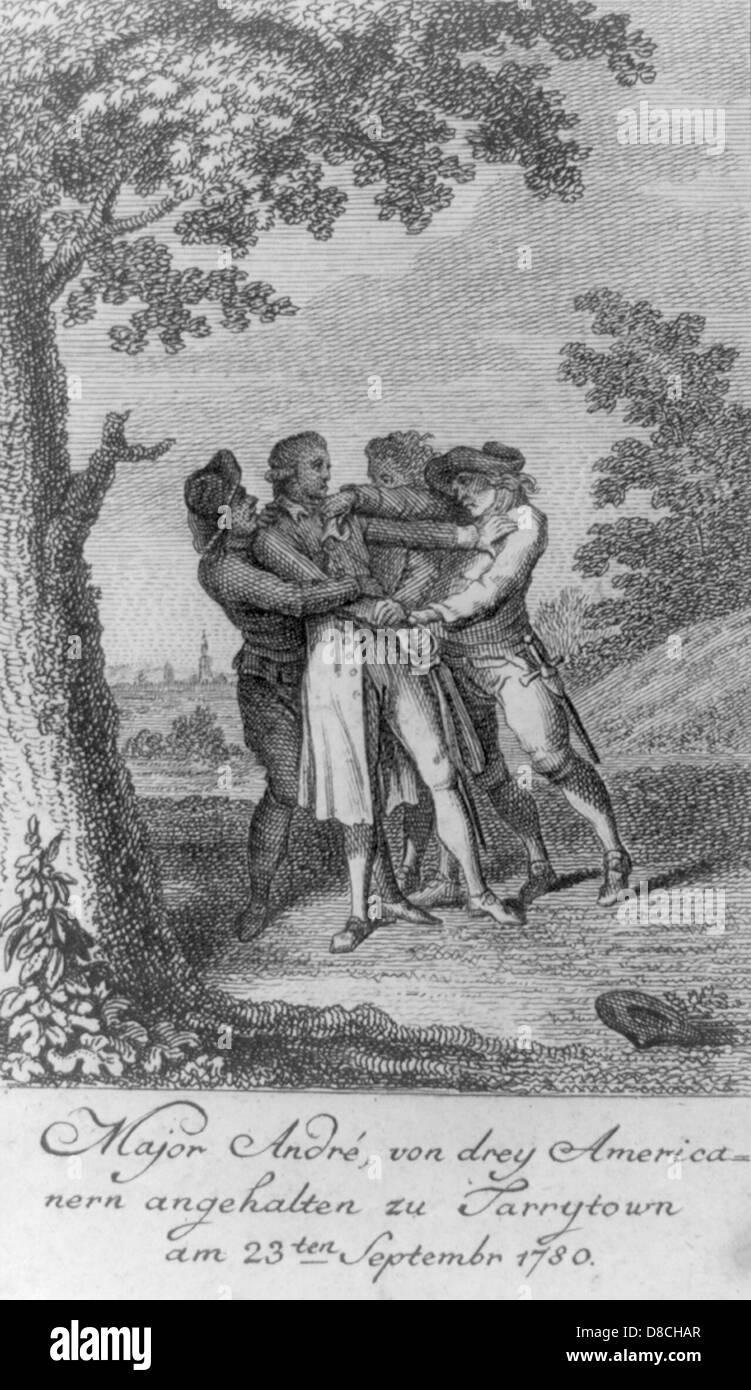 Le Major John André en garde par trois hommes, John Paulding, Isaac Van Wart, et David Williams, près de Tarrytown, New York, septembre 1780 Banque D'Images