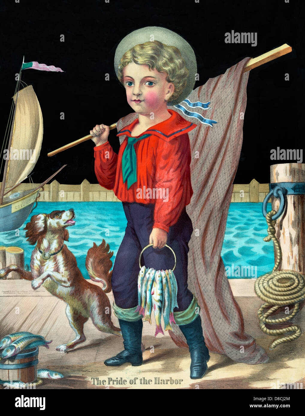 La fierté de l'Harbour - un jeune garçon, vêtu de costume de marin, marcher le long d'un quai transportant un filet de pêche et plusieurs poissons accrochés sur une large bague ; un petit chien l'accompagne, vers 1874 Banque D'Images