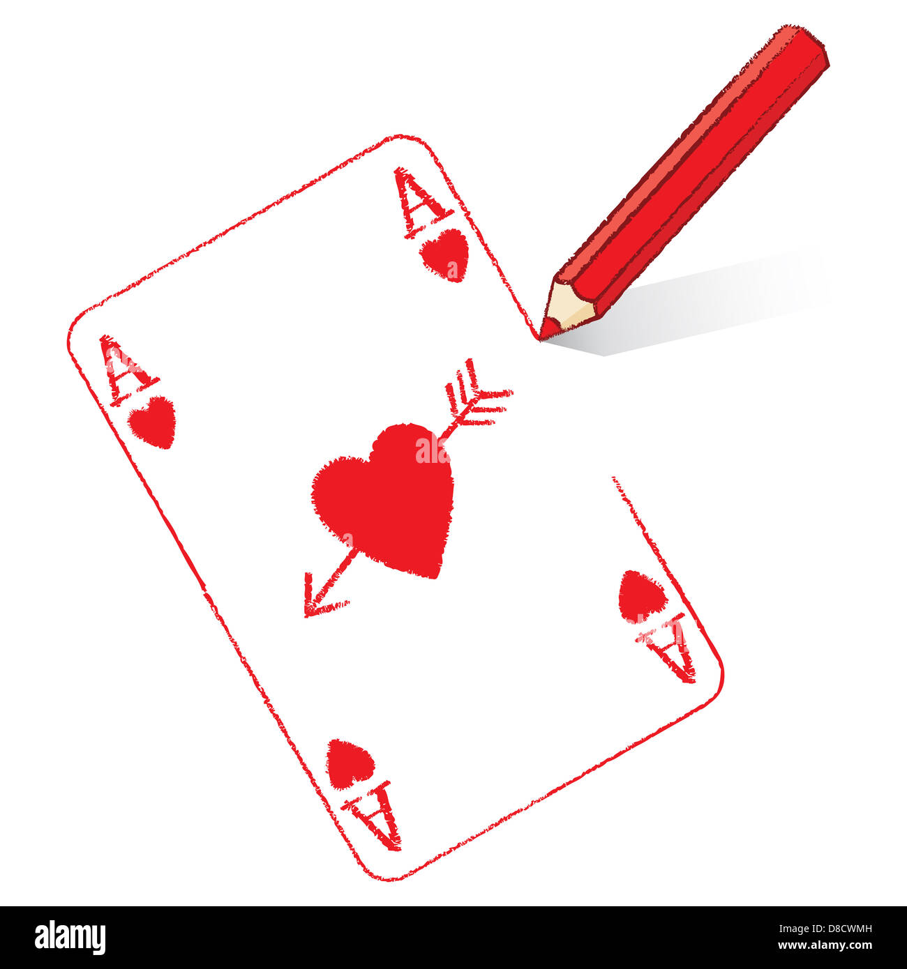 Dessin au crayon rouge rempli de coeurs Ace Jeu de carte avec flèche de Cupidon Banque D'Images