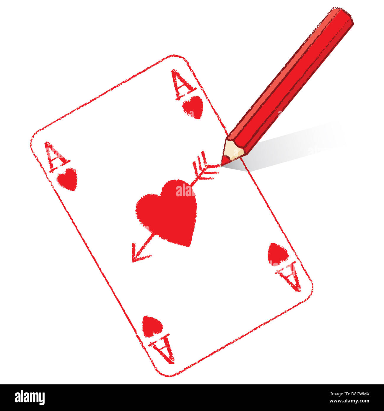 Dessin au crayon rouge rempli de coeurs Ace Jeu de carte avec flèche de Cupidon Banque D'Images