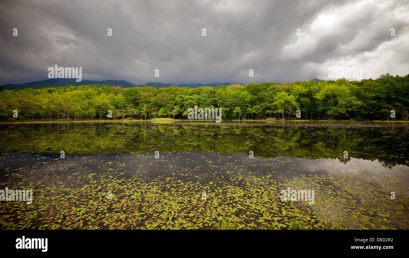 Ciel orageux à Shiretoko avec cinq lacs clair reflet Banque D'Images