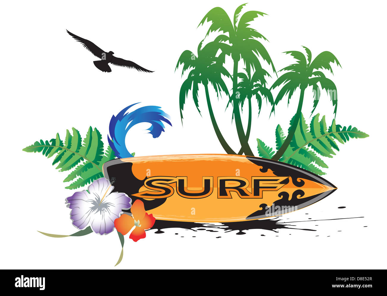 Surf, surfeurs, l'été, le sport, de palmiers, de fleurs, de l'eau, plage, vague, sports, loisirs, Banque D'Images