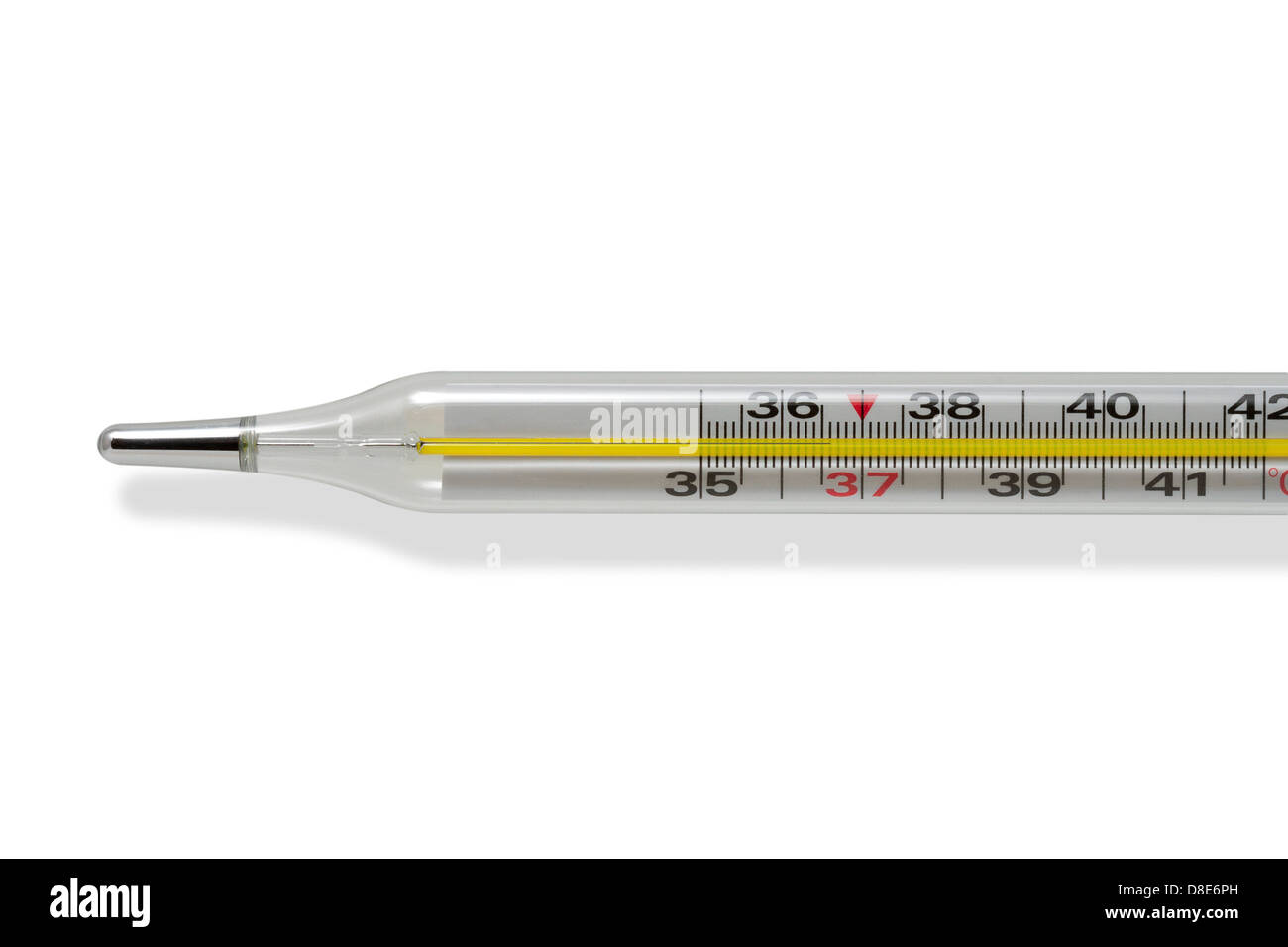 Thermomètre médical avec une température normale macro isolé sur fond blanc Banque D'Images