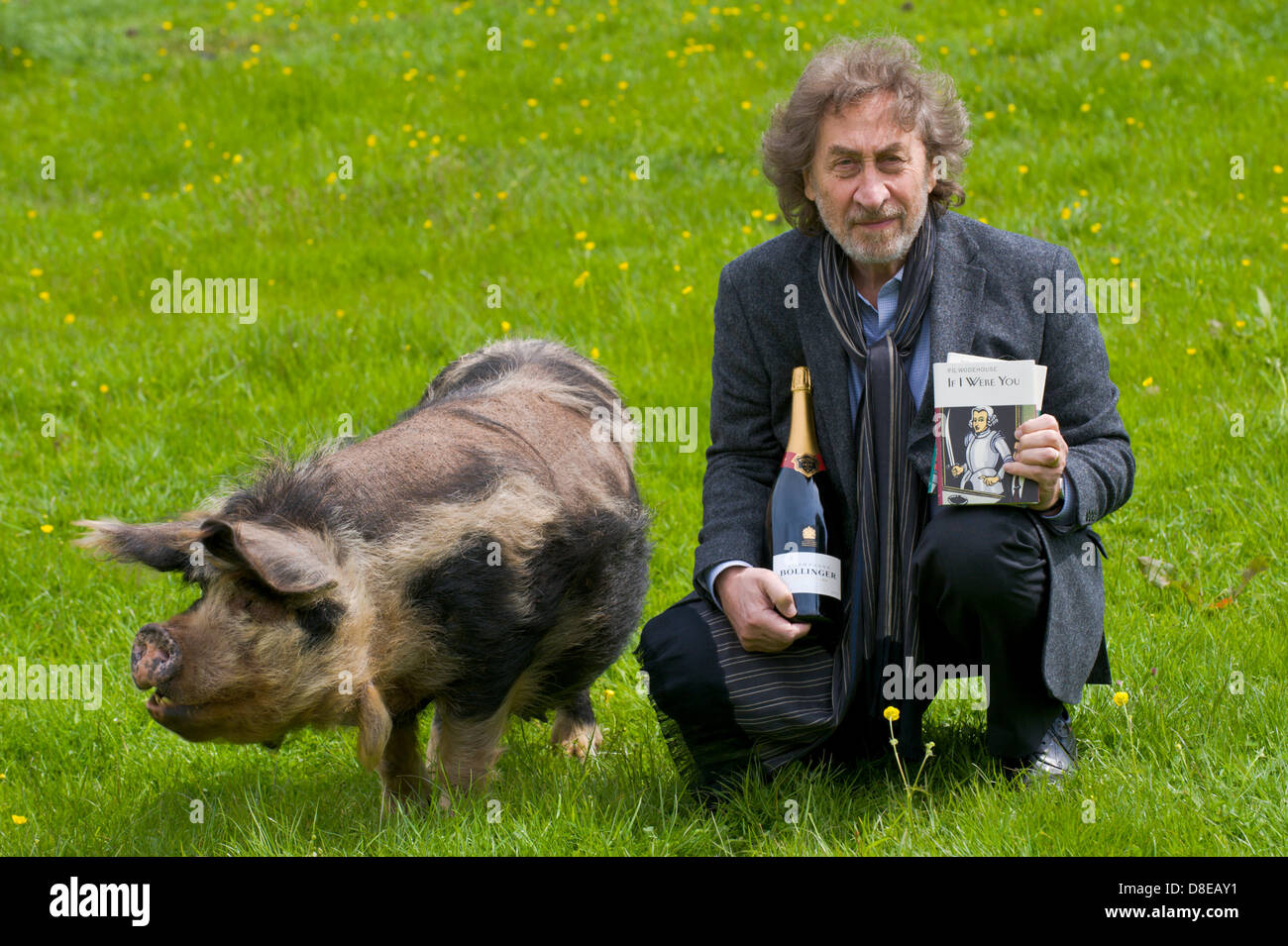 Howard Jacobson vainqueur de l'Everyman Wodehouse Bollinger 2013 Prix de la Fiction comique pour son roman 'Temps' Zoo recevant son prix lors de la Telegraph Hay Festival 2013, Hay-on-Wye, Powys, Wales, UK. Banque D'Images