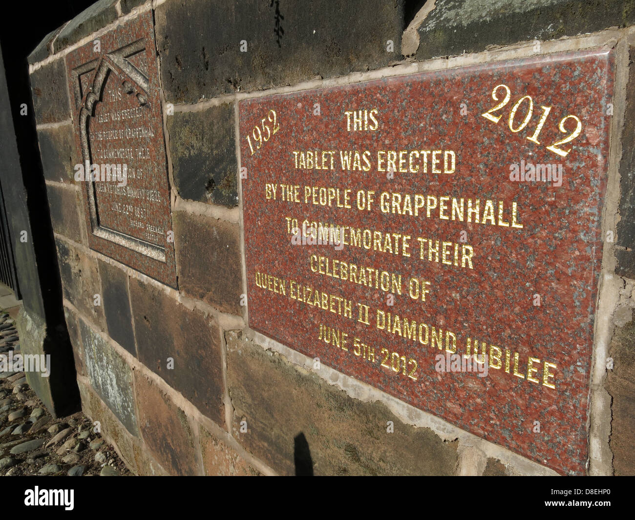 Deux plaques commémoratives du jubilé dans Church Lane, Grappenhall Village, Warrington, Cheshire, Angleterre, RU WA4 2SJ Banque D'Images