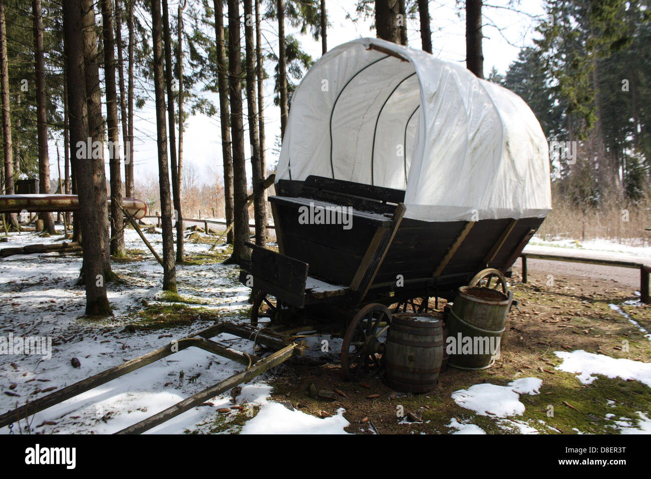 Un wagon inutilisable pour l'affichage à gauche dans les bois et la neige. Banque D'Images