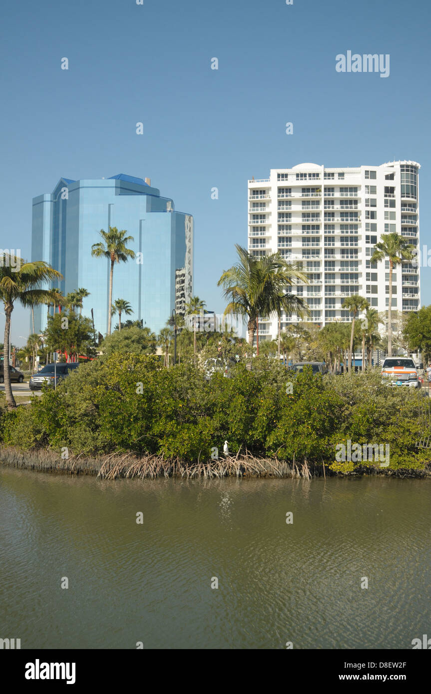 Une Grande Aigrette est situé sur un bâtiment que les banques se lever sur le Sarasota, Floride bord de l'eau. Banque D'Images