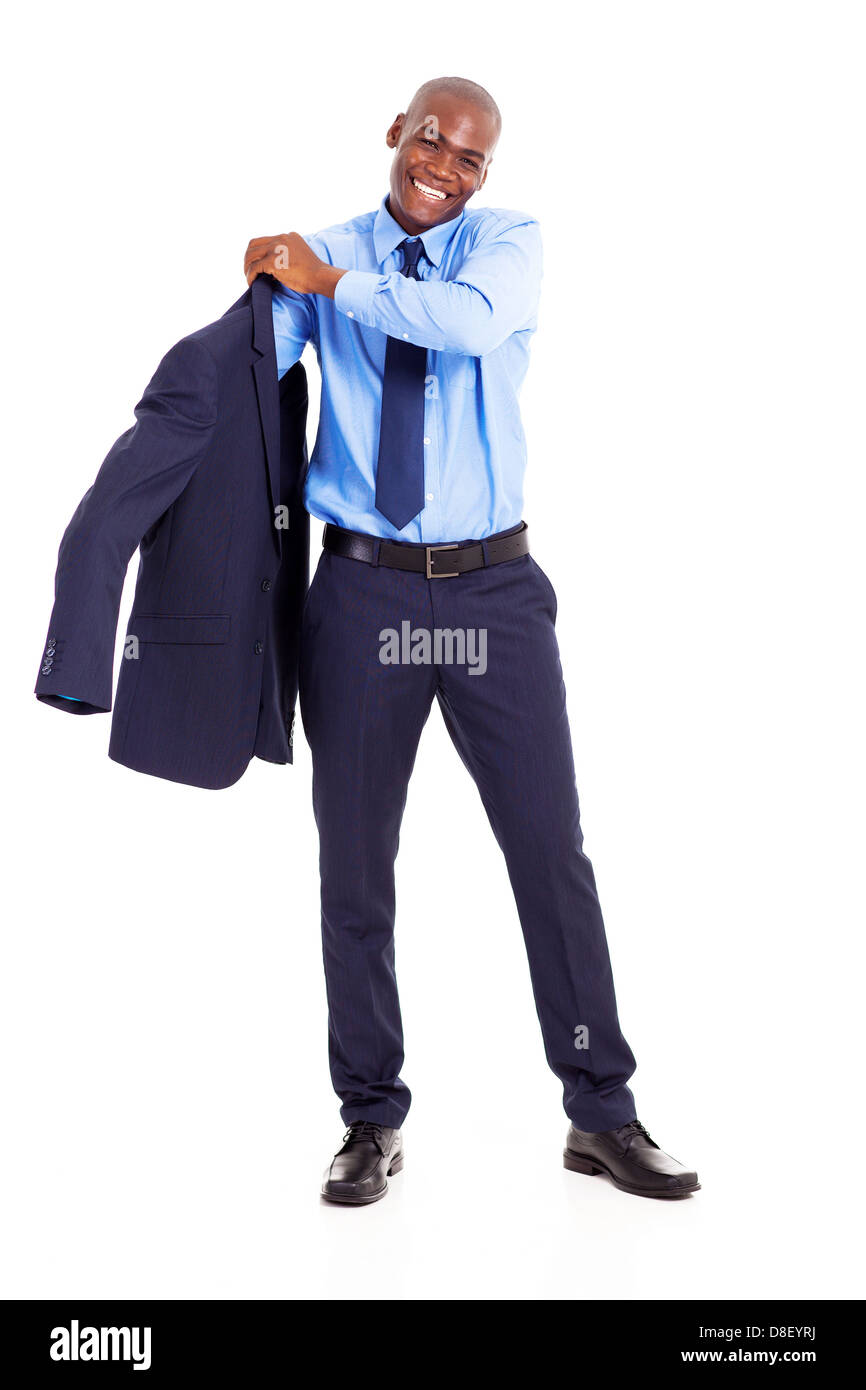 Handsome african american businessman putting sur la veste sur fond blanc Banque D'Images