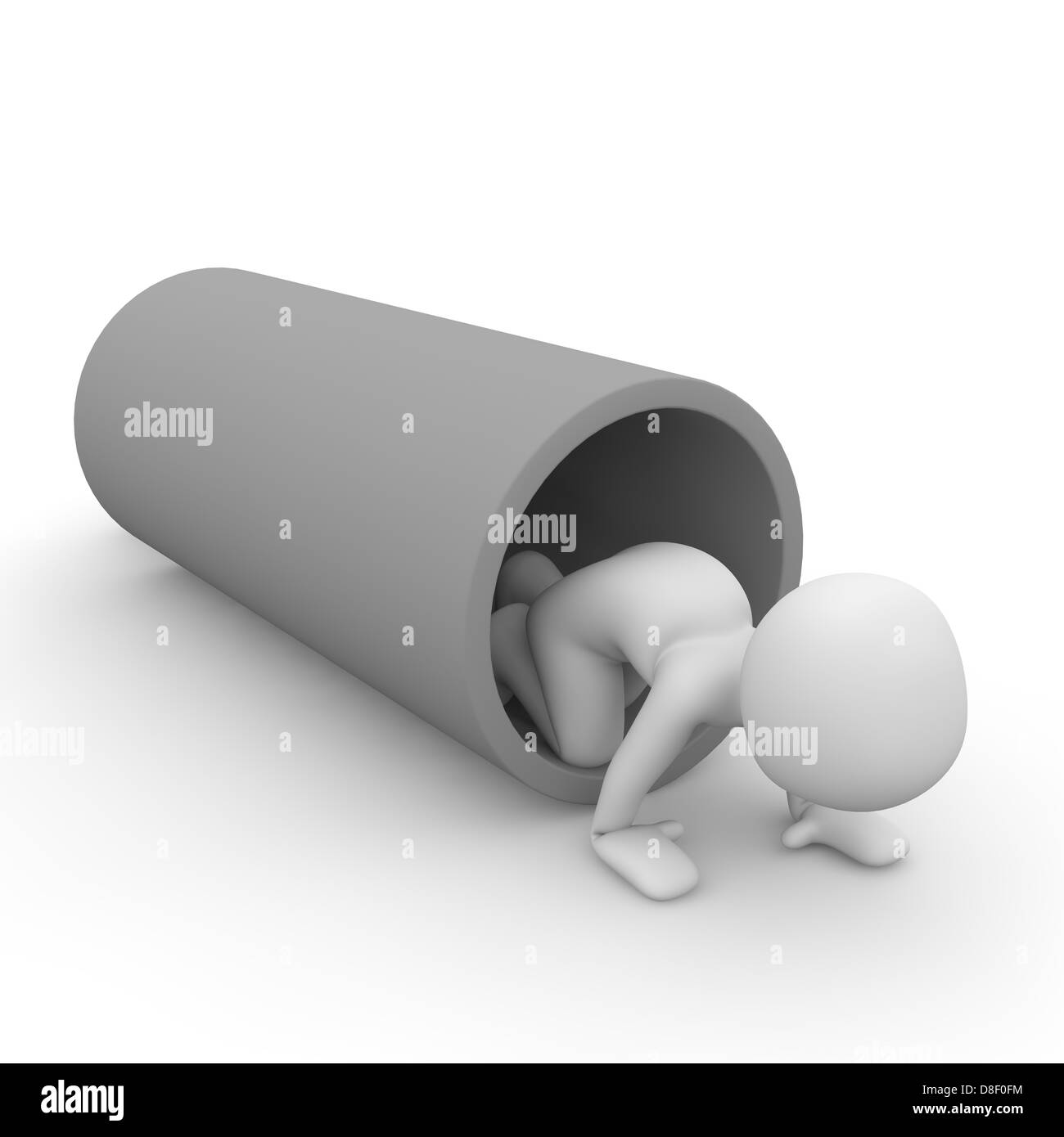 Un 3D character lentement à un petit tunnel gris. Banque D'Images