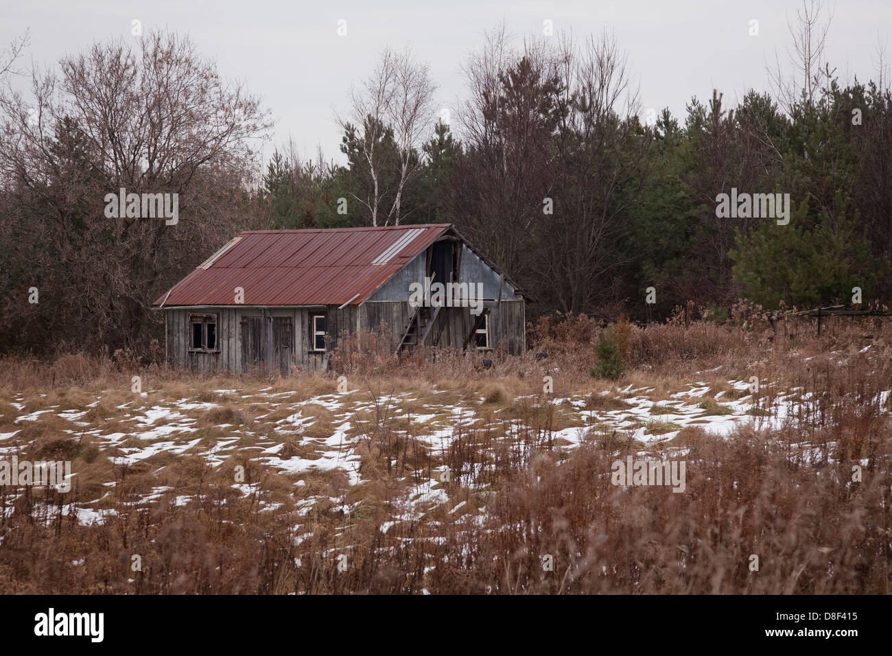 L'abandon d'un vieux hangar se trouve dans un champ couvert de neige envahie. Banque D'Images