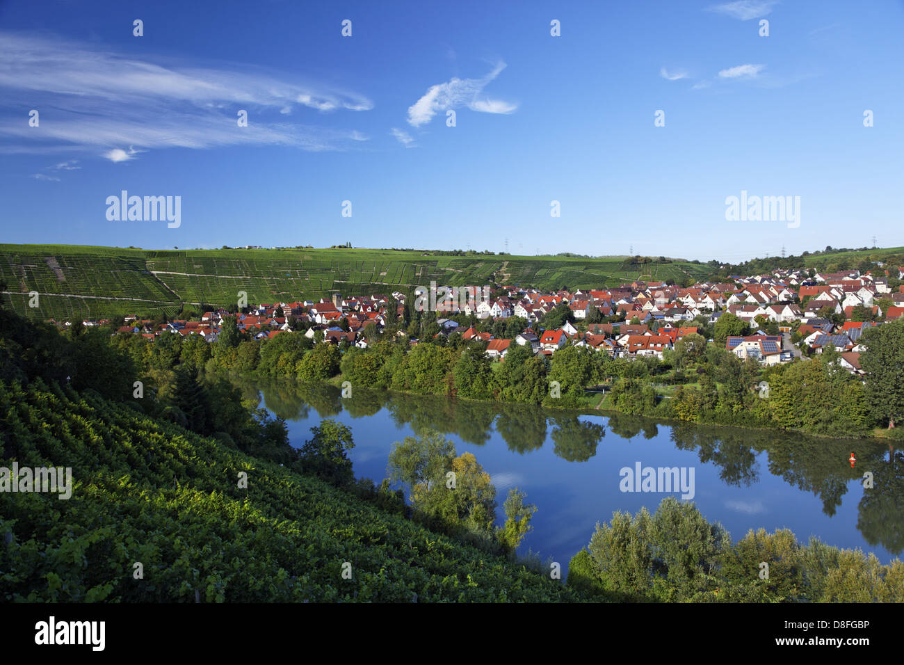 Allemagne, Bade-wurtemberg ; avis de Mundelsheim, Neckar, vignobles en terrasses, village Banque D'Images