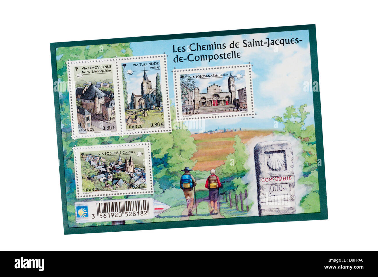 Une feuille de timbres-poste commémoratifs français célèbre le chemin de Saint-Jacques de Compostelle. Banque D'Images