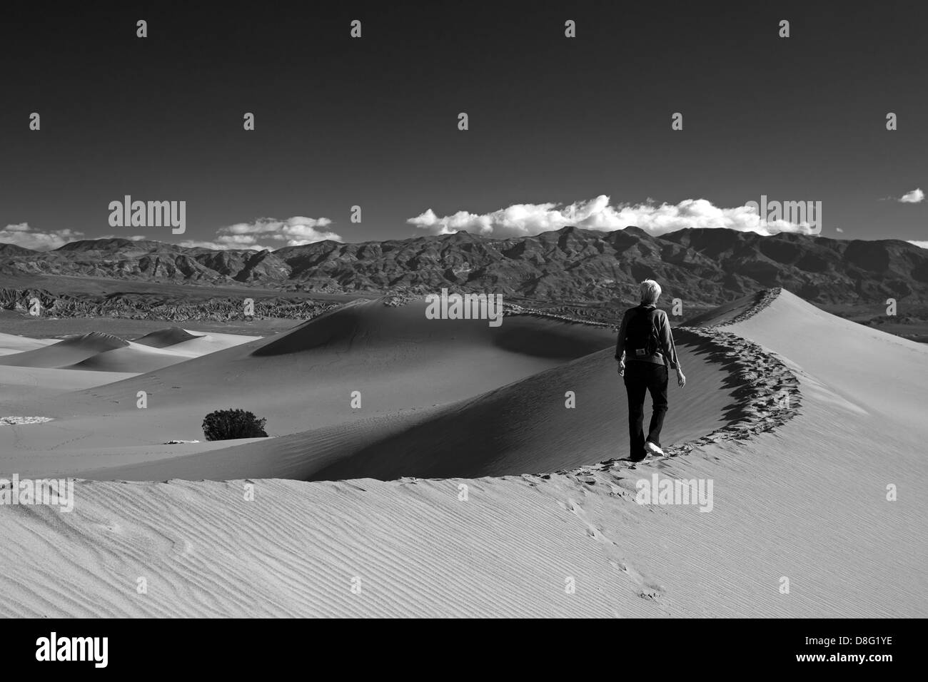 Death Valley National Park, Californie - Susan Newell, 64, balades dans les dunes de sable plat Mesquite. Banque D'Images