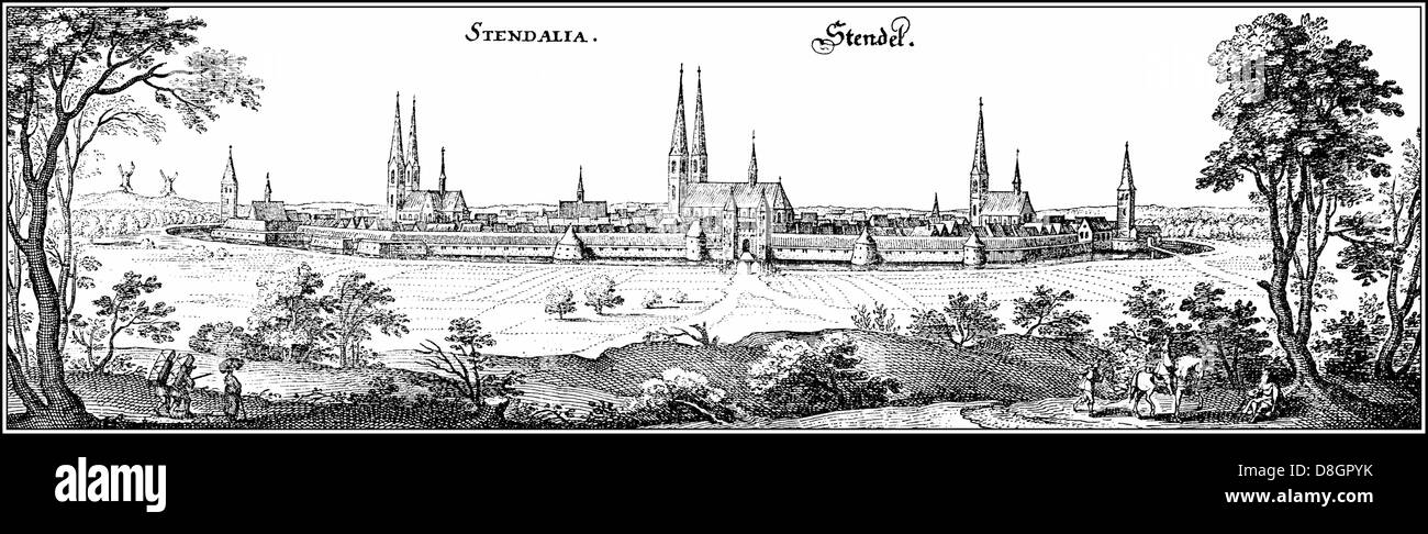 Vue panoramique de l'Stenadal skyline, 17e siècle, l'Allemagne, l'Europe , Banque D'Images
