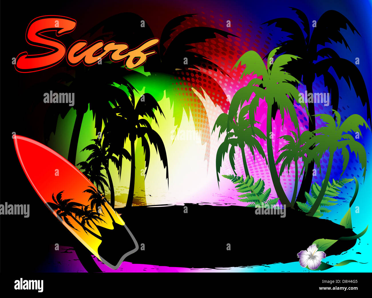 Planche de surf, surf, plage, été, palmiers, sport, sport d'été, l'eau, l'océan, fleur, bouton, bannière, fun, vacances, Banque D'Images
