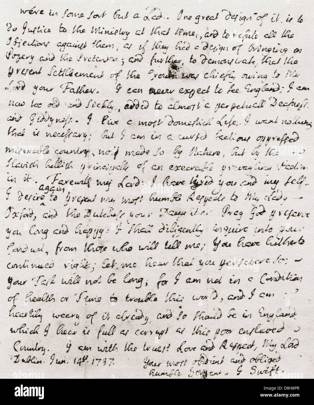 Une partie d'une lettre datée du 14 juin, 1737, de Jonathan Swift de Robert Walpole, 2 comte d'Orford. Banque D'Images