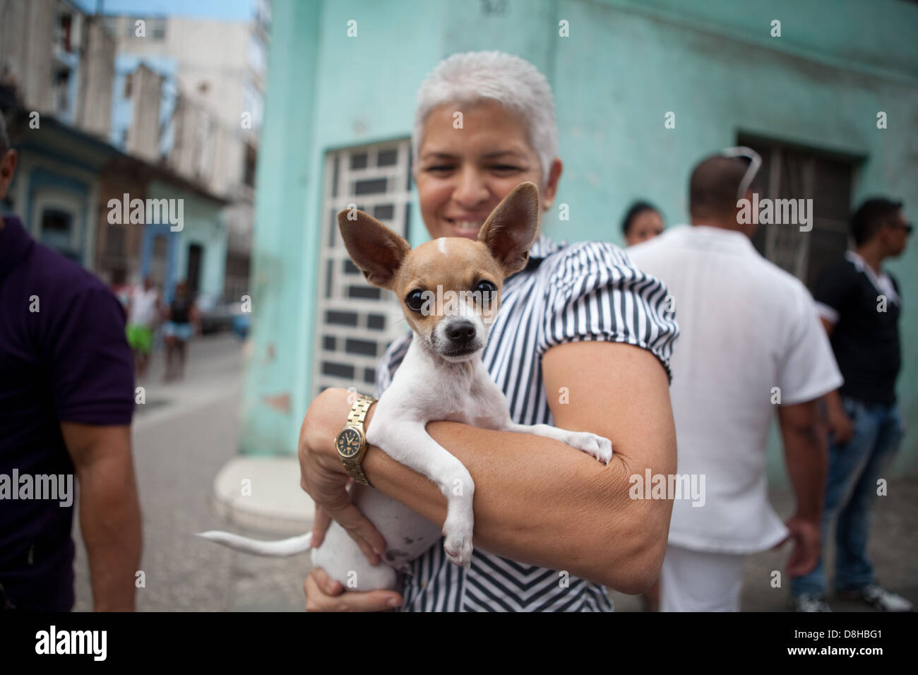 Femme tient son petit chien et sourires dans les rues de La Havane, Cuba. Banque D'Images