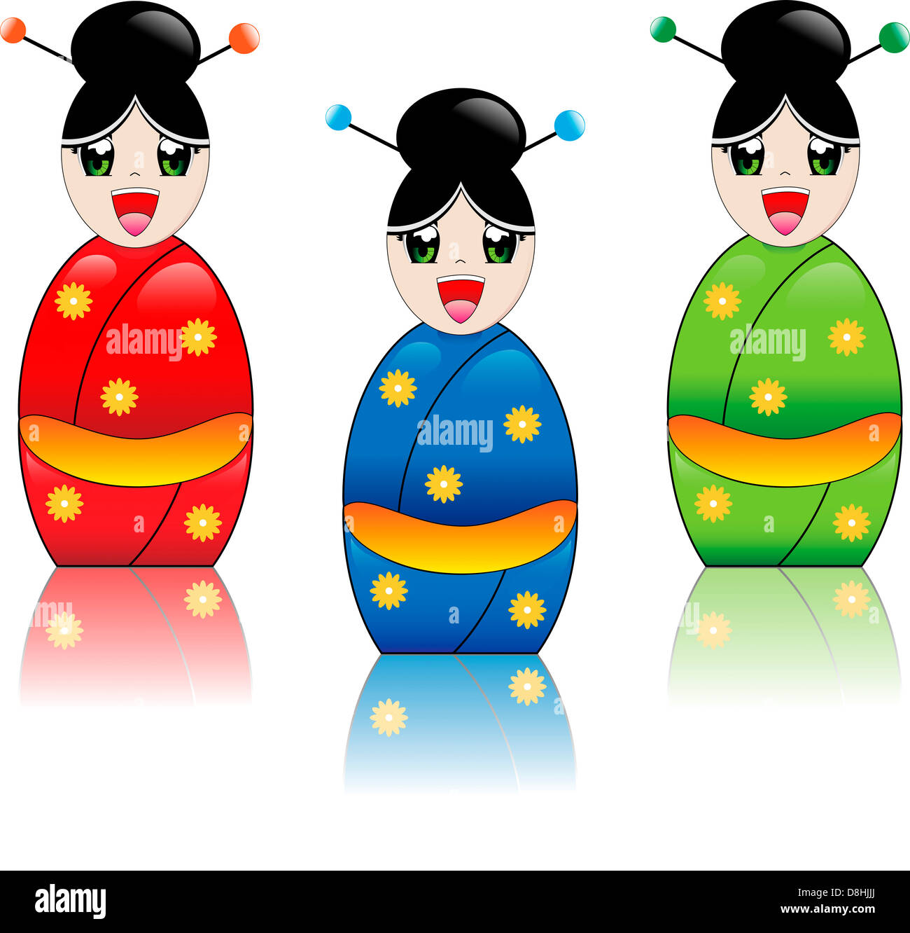 Fille Style Manga Japonais Rire Avec Kimono En Rouge Bleu