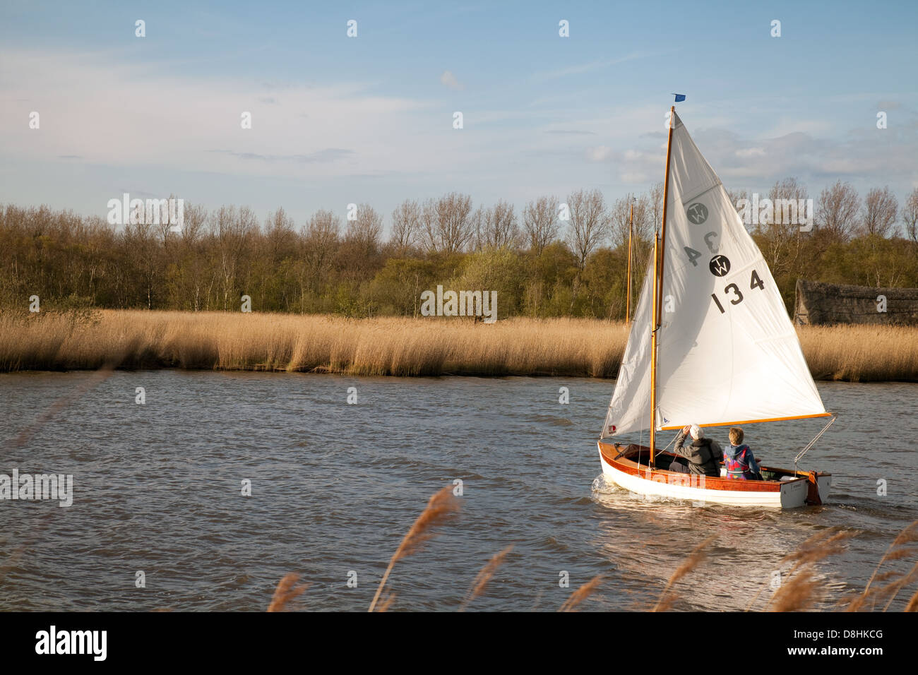 Bateau à Norfolk Broads ; un voilier naviguant sur les Norfolk Broads à Horsey simple, East Anglia Angleterre UK Banque D'Images