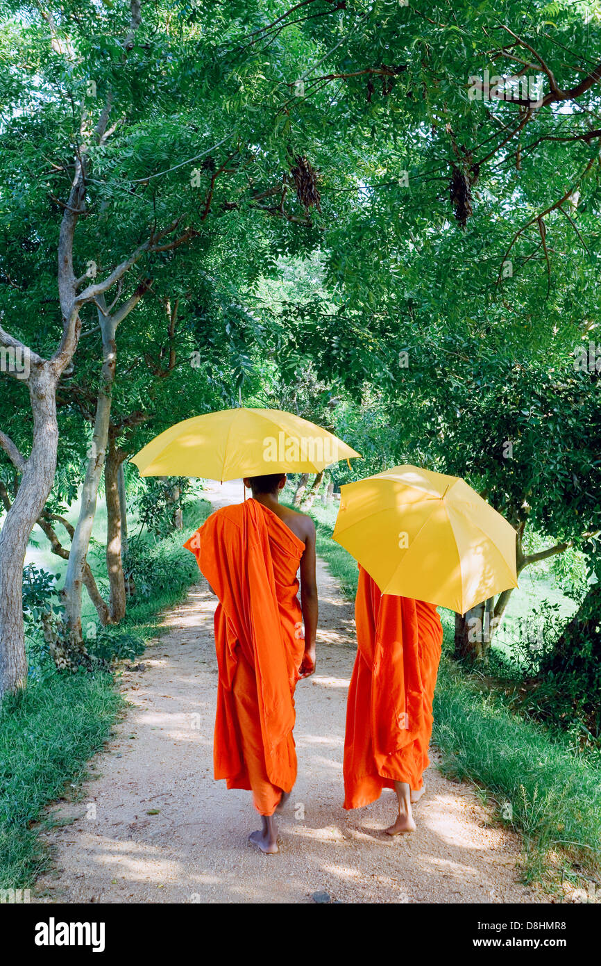 Sri Lanka, Polonnaruwa, moines walking holding parasols jaunes Banque D'Images