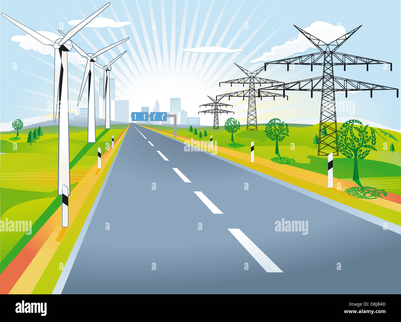 Route de campagne avec des moulins et des colonnes d'alimentation Banque D'Images