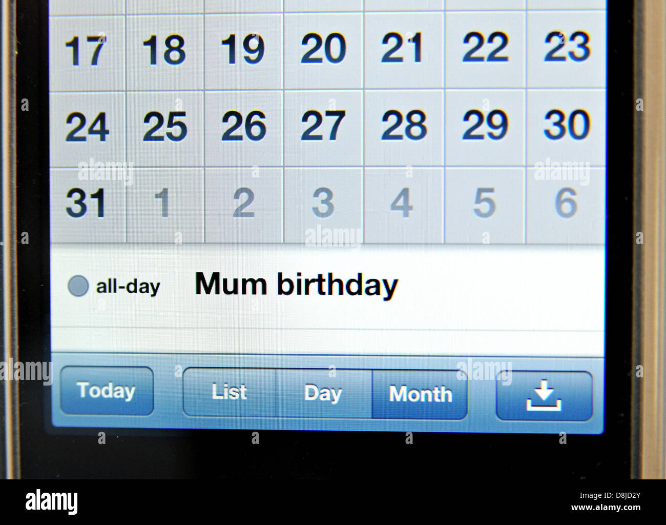 Rappel d'anniversaire maman sur l'app Calendrier de l'iPhone d'Apple téléphone mobile 4 S Banque D'Images
