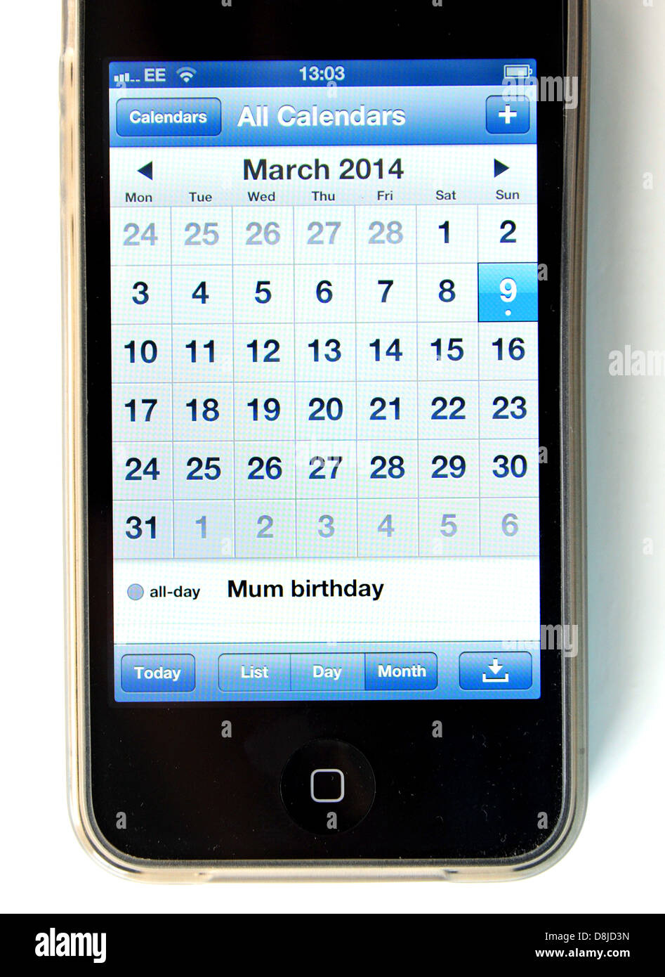 Rappel d'anniversaire maman sur l'app Calendrier de l'iPhone d'Apple téléphone mobile 4 S Banque D'Images