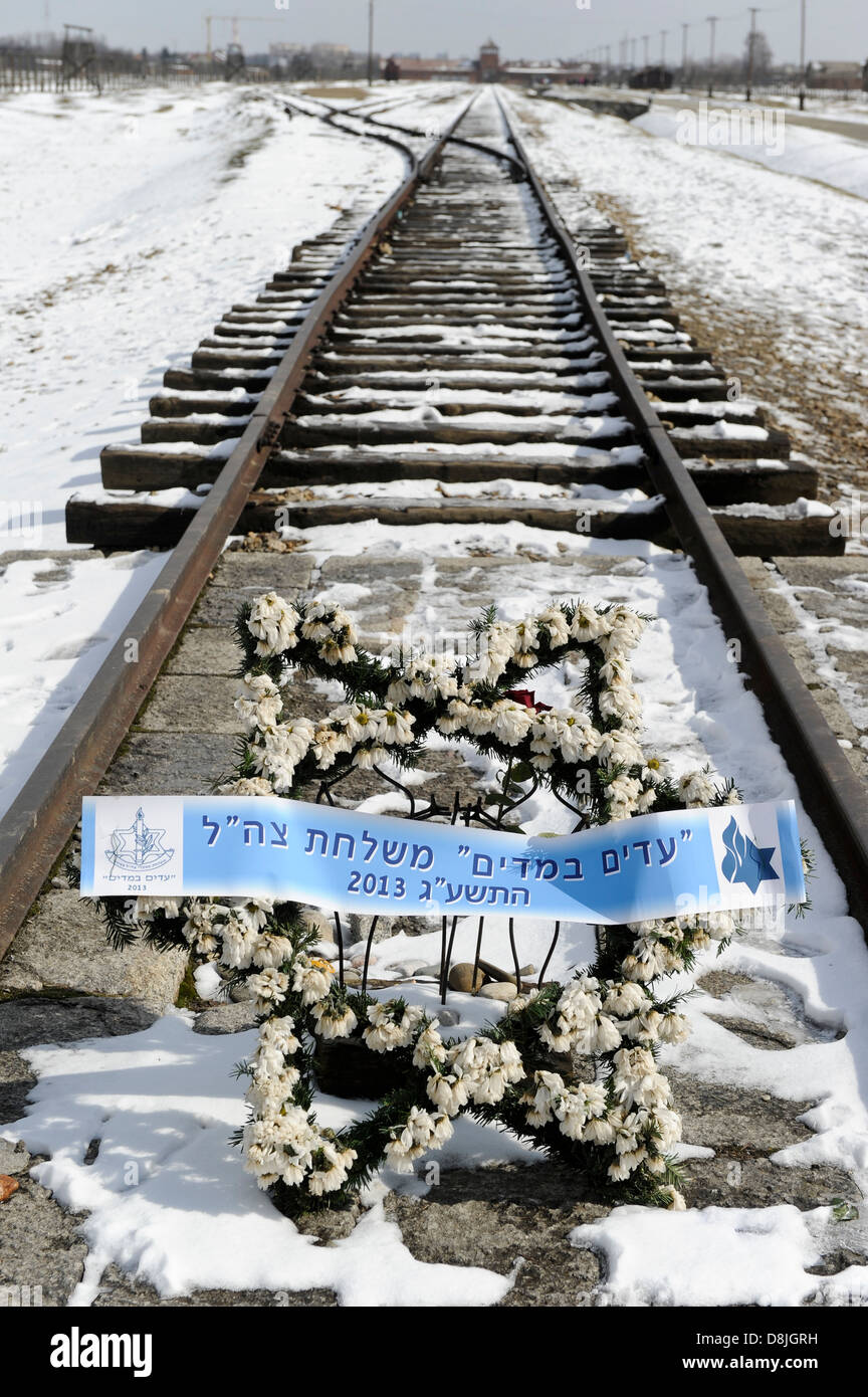 Pologne Oswiecim Auschwitz Birkenau II, camp de concentration de régime nazi, où 1 milliards de juifs où assassiné par SS, couronne de fleurs et d'étoiles de David juif sur la voie ferrée sur laquelle les juifs de toute l'Europe sont arrivés en train d'être massacrés par Hitler meurtres de masse Banque D'Images