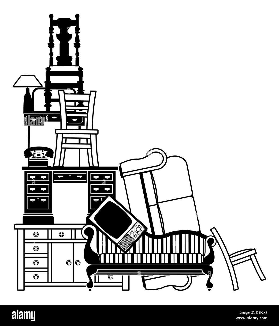 Une illustration de meubles et autres articles ménagers. Pourrait être utilisé pour l'autorisation de la chambre ou de déménagement ou d'assurance habitation. Banque D'Images