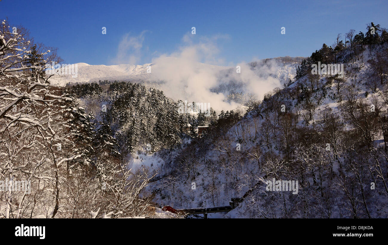 Des nuages de vapeur s'élevant du printemps chaud vers le bas dans la vallée de montagne à Tamagawa Onsen dans un froid matin d'hiver Banque D'Images