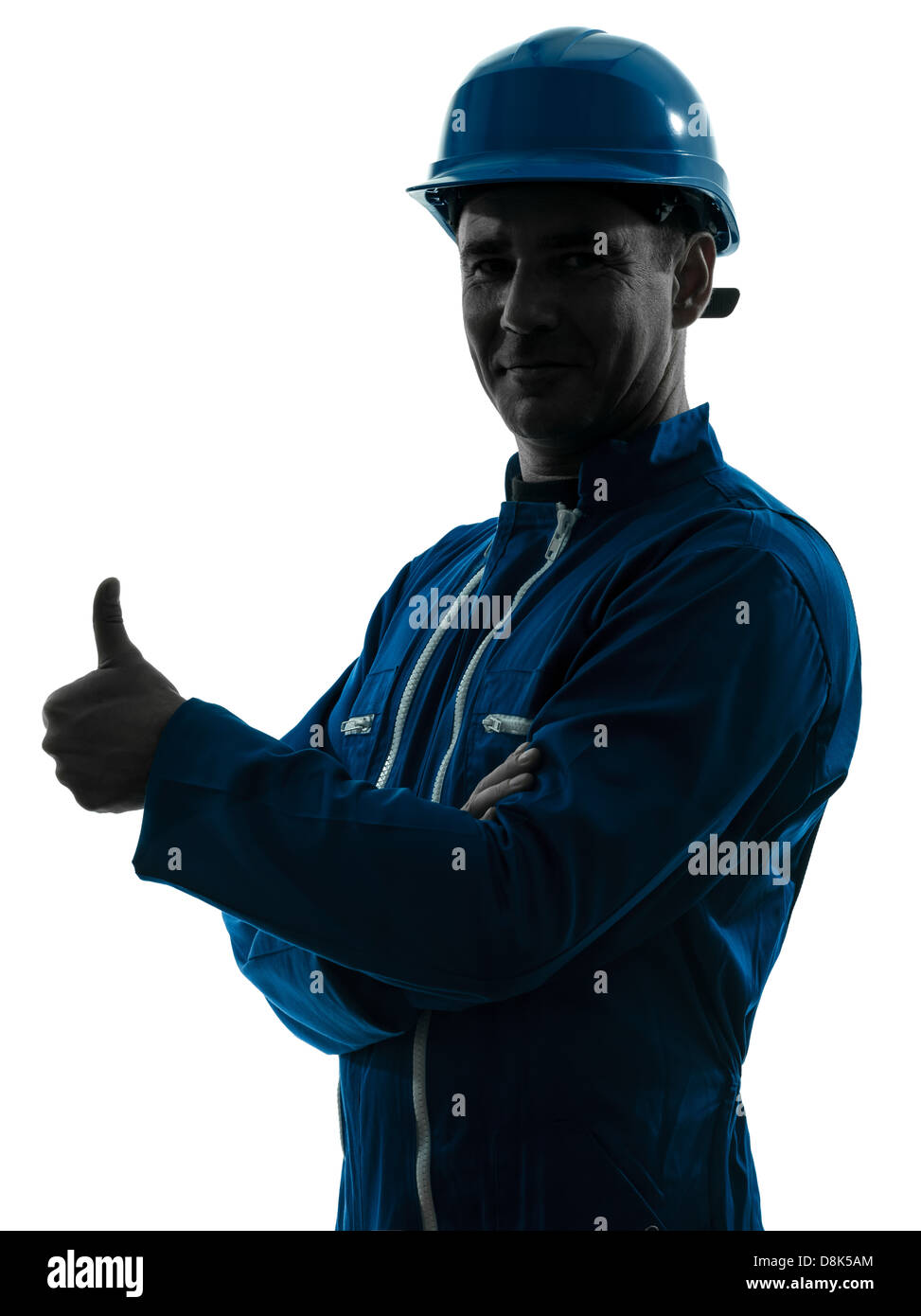 Un homme travailleur de la construction thumb up smiling portrait silhouette en studio sur fond blanc Banque D'Images