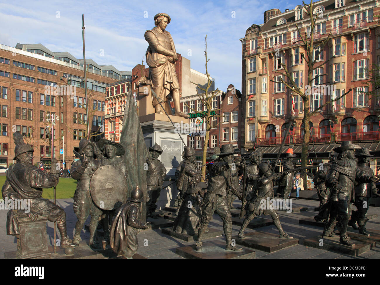 Pays-bas, Amsterdam, Rembrandtplein, Ronde de nuit, Rembrandt sculpture statue, Banque D'Images
