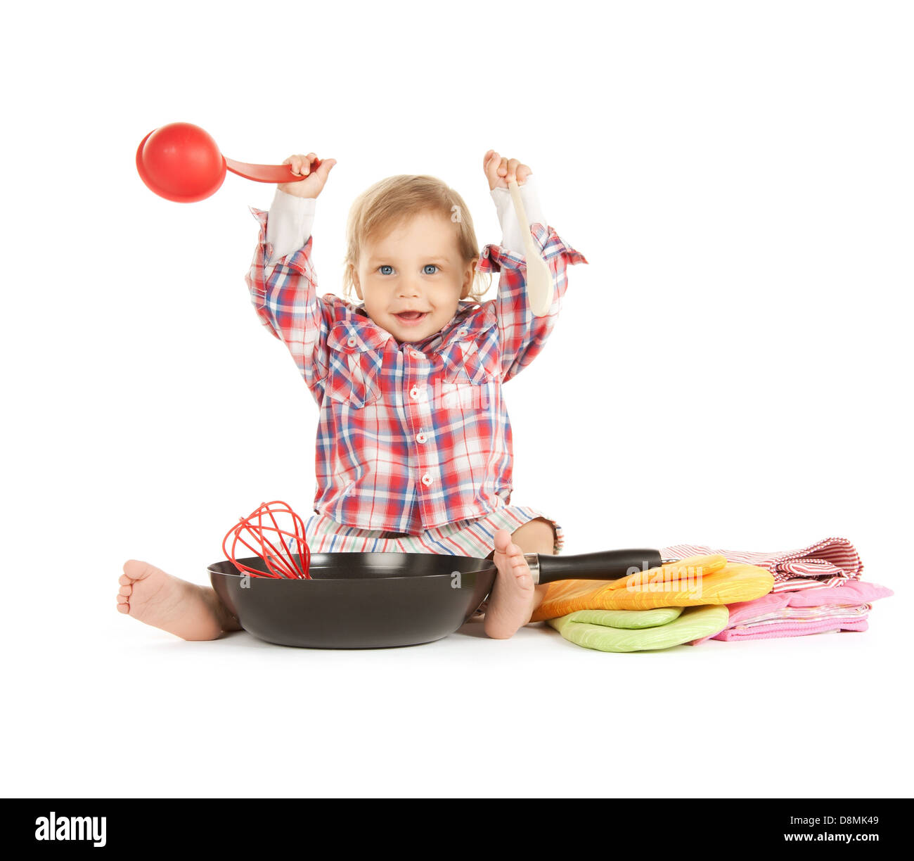 Adorable baby cook avec pan Banque D'Images