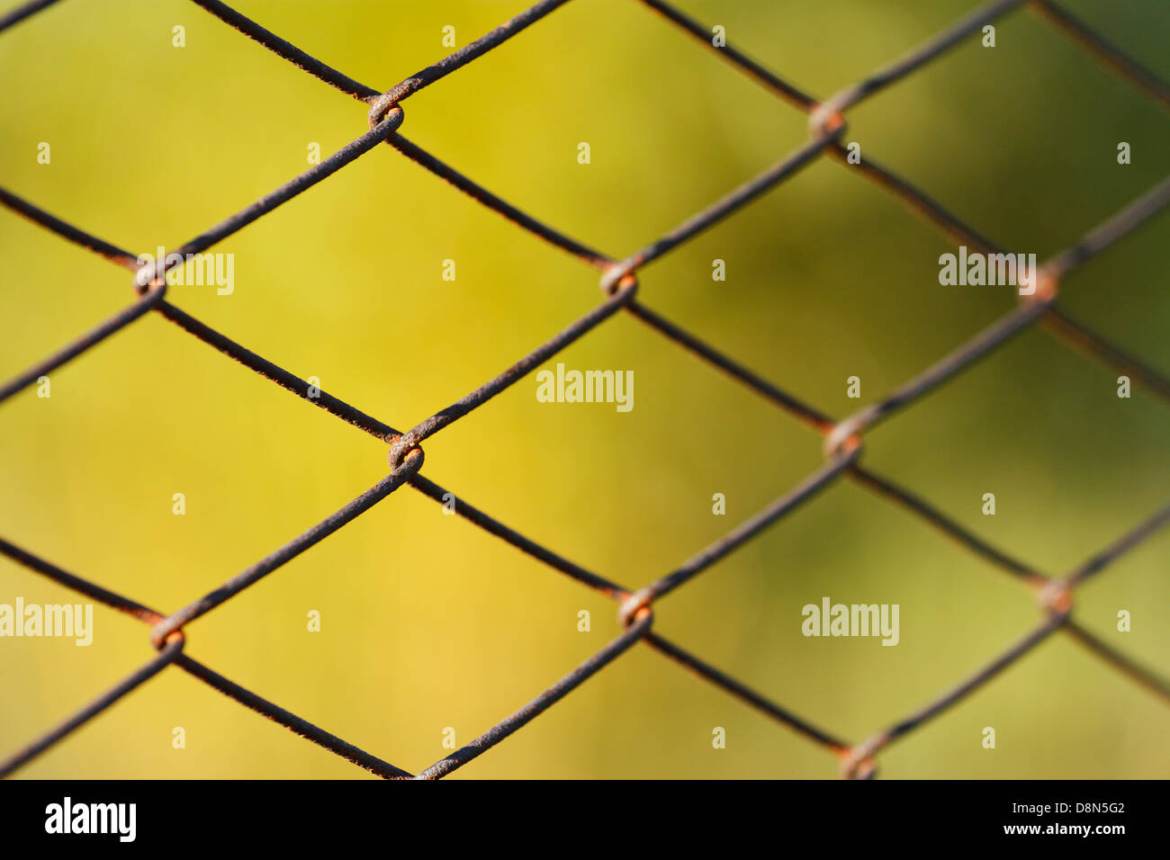 Une clôture rouillée close-up avec un livre vert-jaune sur fond de discussion Banque D'Images