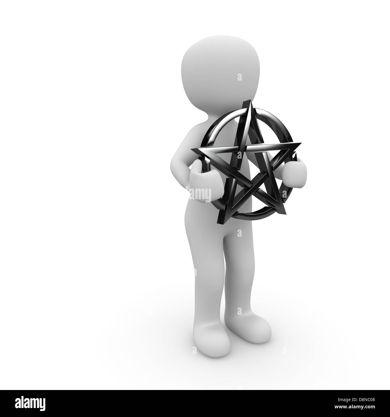 Un personnage tenant un pentagramme noir sur ses deux mains. Banque D'Images