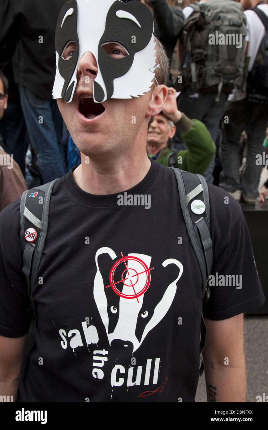 Le bien-être des animaux pour protester contre des manifestants à Londres contre l'abattage du blaireau. Banque D'Images