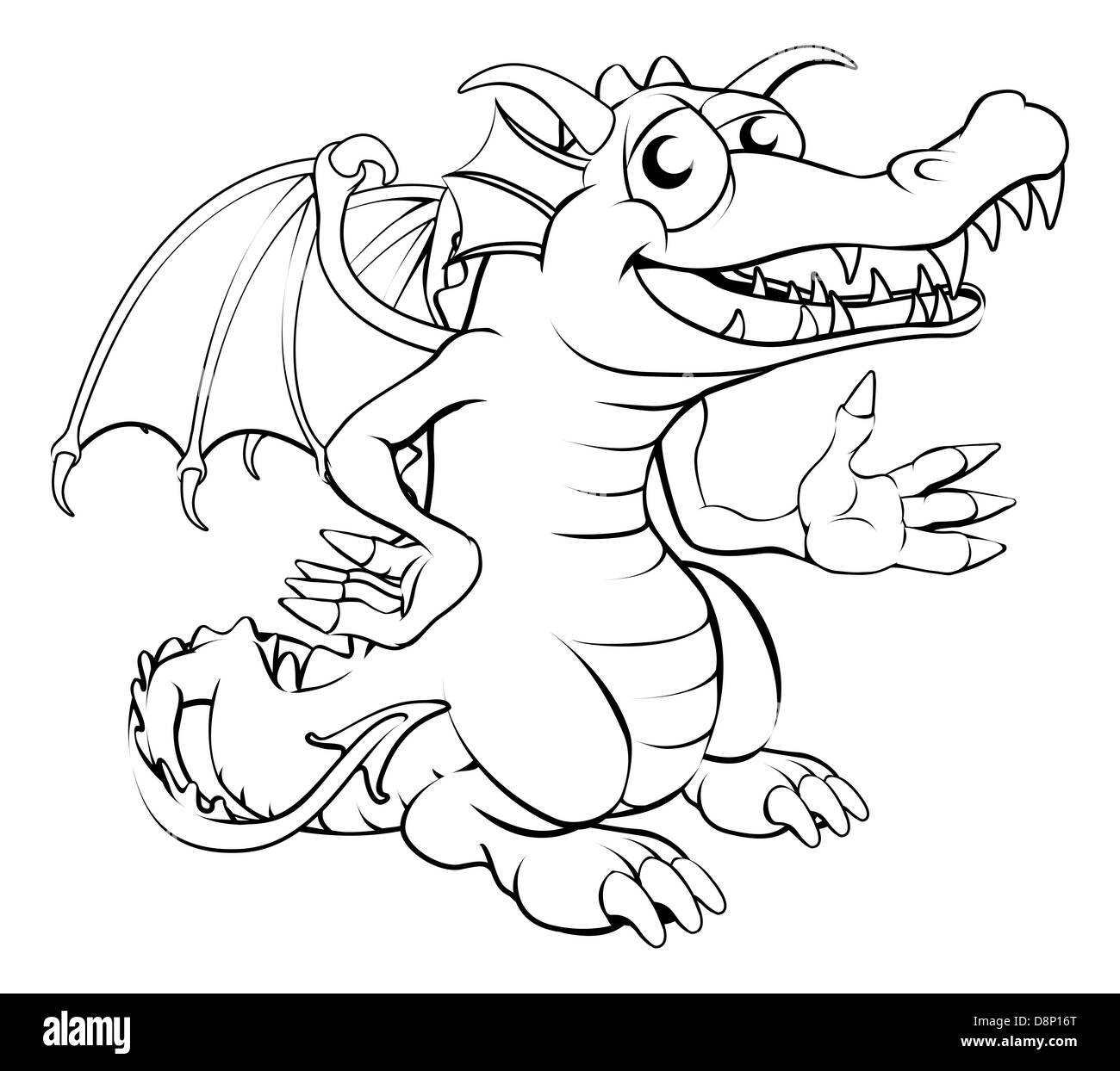 Illustration noir et blanc d'un dessin animé dragon heureux Banque D'Images