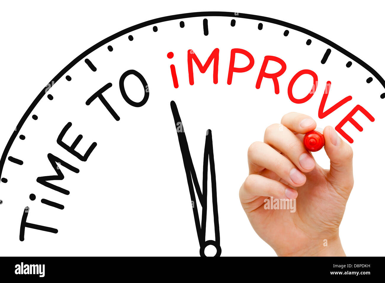 Le temps d'améliorer la main concept avec marqueur rouge sur transparent essuyer. Banque D'Images