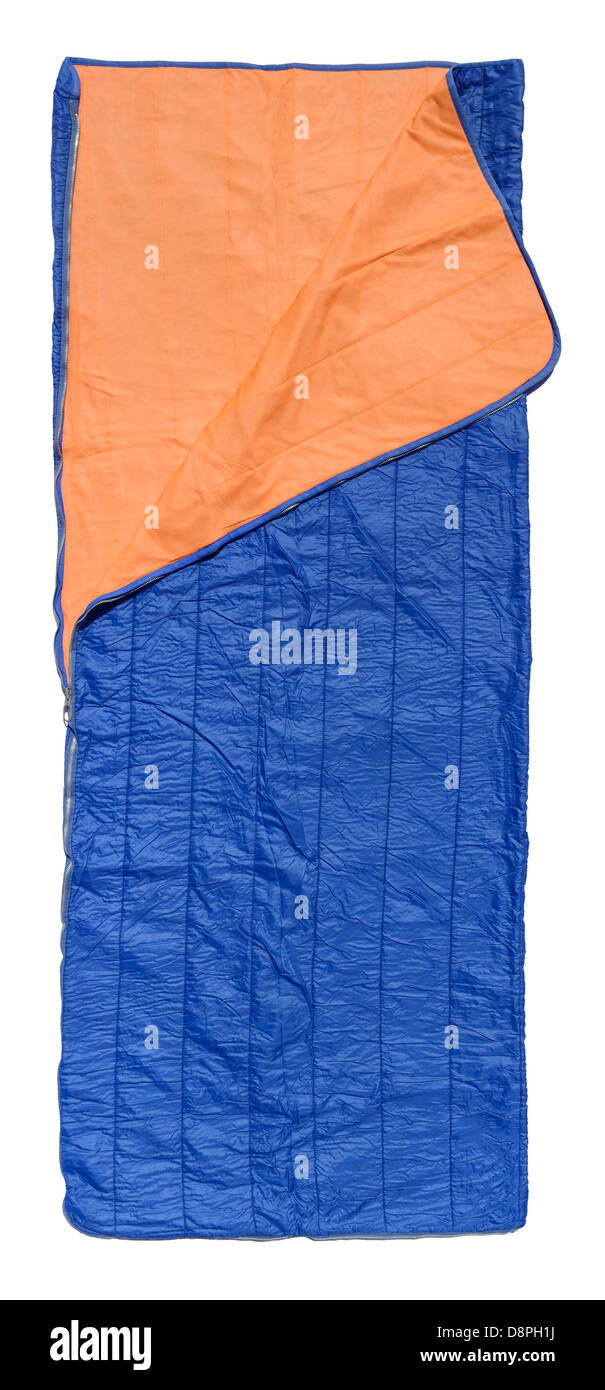 Sac de couchage bleu avec doublure orange Banque D'Images