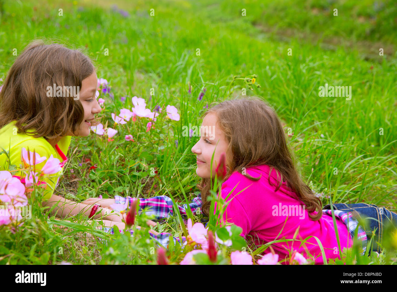 Heureux soeur jumelle de jeunes filles, jouant sur les fleurs de printemps meadow Banque D'Images