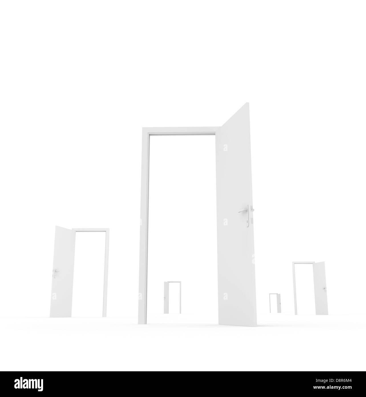 Groupe d'ouvrir des portes blanches se dresse sur une perspective place Banque D'Images