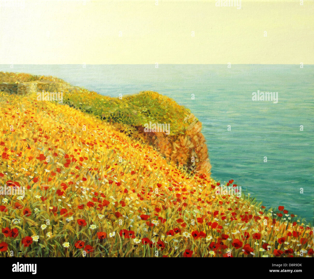 Une peinture à l'huile sur toile d'un beau paysage marin avec des coquelicots rouge vif à la côte de la mer Noire dans la chaude lumière du coucher de soleil. Banque D'Images