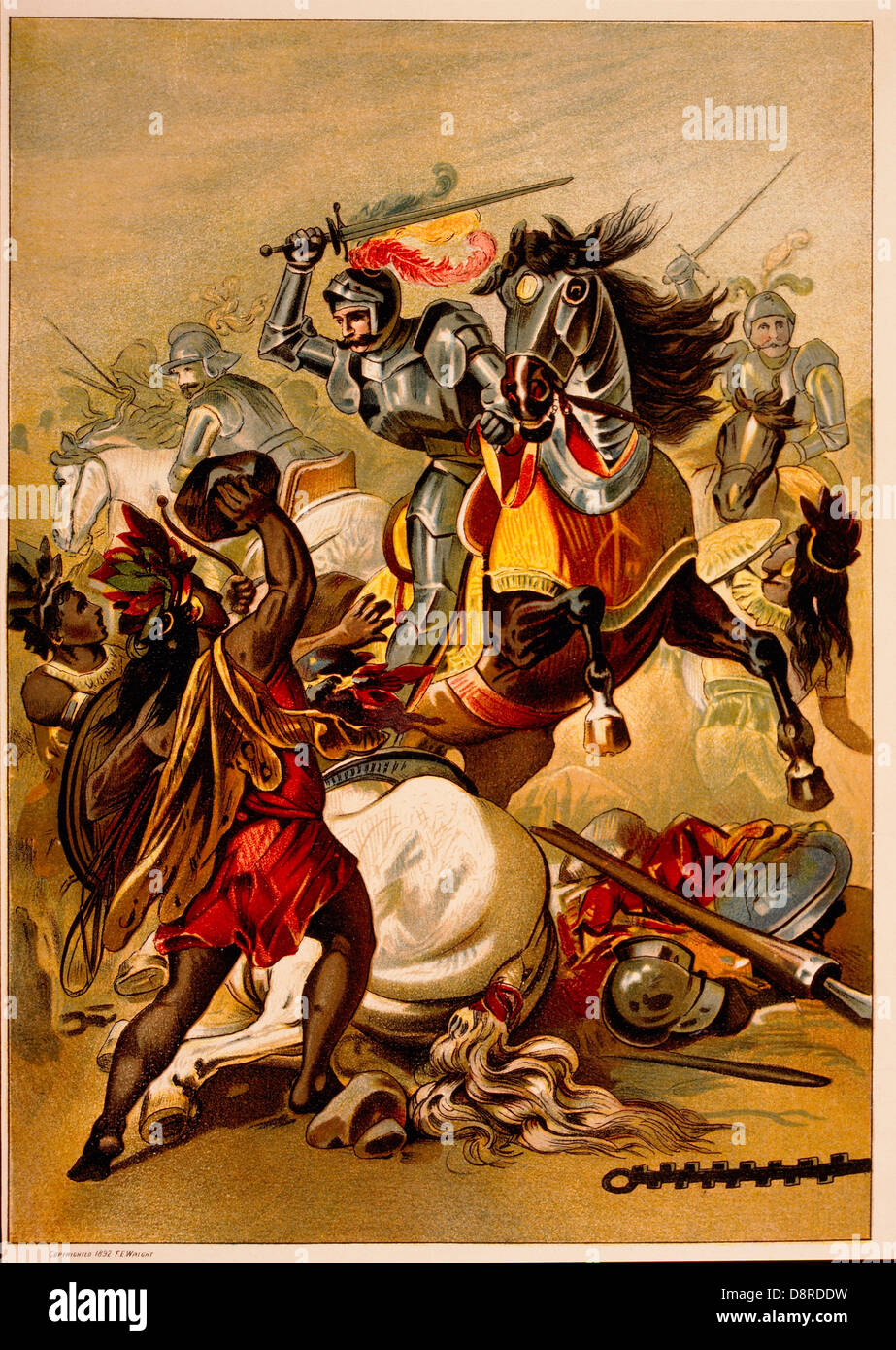Hernán Cortés, conquistador Espagnol, Bataille dans Tlascalan Territoire, Mexique, 1519, chromolithographie de peinture, 1892 Banque D'Images