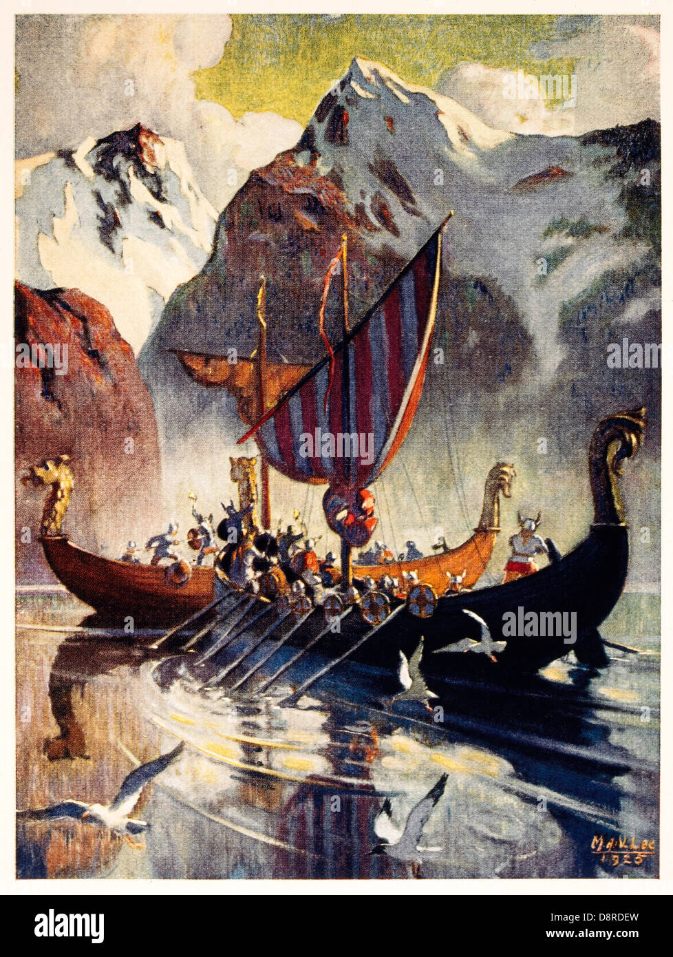 Bateau Viking Fjord en lithographie, 1925, après la peinture par Manning de C. Lee Banque D'Images