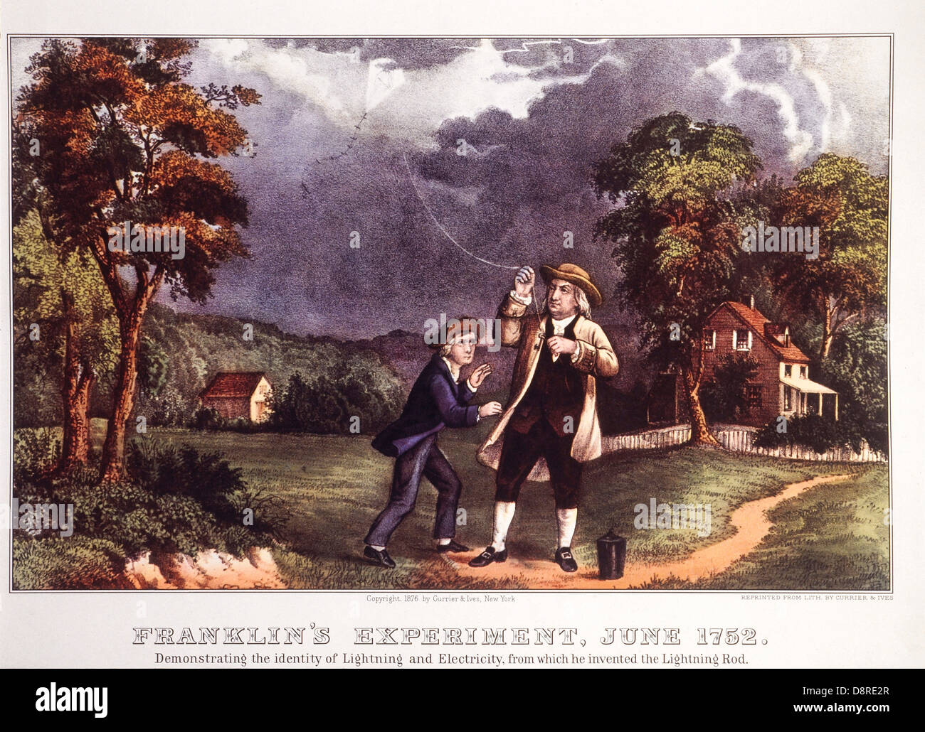 L'expérience de Franklin, juin 1752, Benjamin Franklin démontrant l'identité de la foudre et l'électricité, lithographie, Currier Banque D'Images