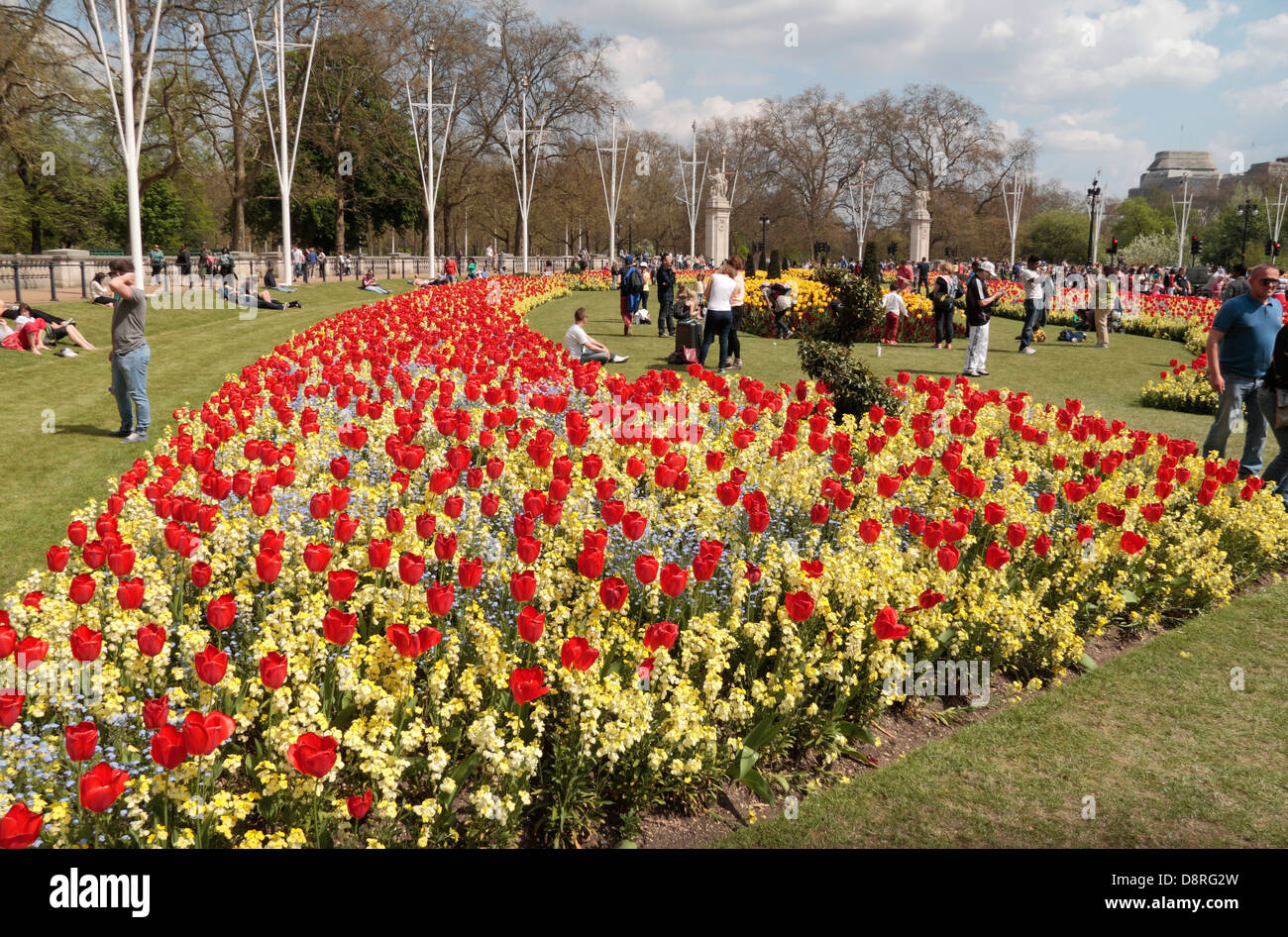 Belle floraison de fleurs de printemps dans les jardins de la Reine devant le palais de Buckingham, London, UK. Banque D'Images
