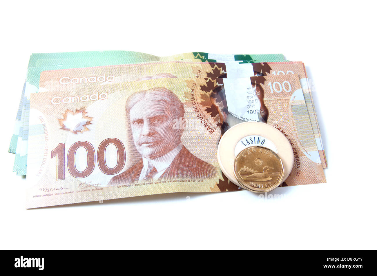 Une série de billets de banque canadiens et une puce Casino de Montréal Banque D'Images