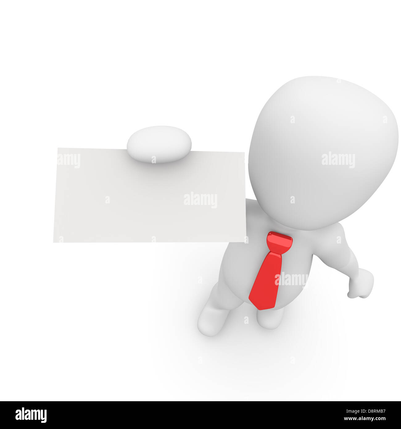 Un personnage avec une cravate rouge contient jusqu'sa carte d'affaires. Banque D'Images